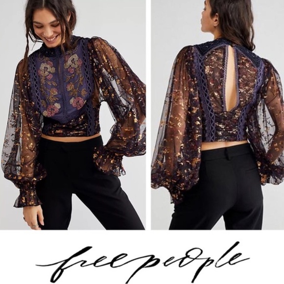 Free People Camille Top Black Embellished Blouse Black Purple Gold Sparkle XS - Picture 2 of 14